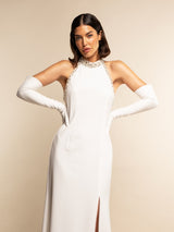 Angelina (blanc) - gants mariage / opéra en cuir 16 boutons doublés soie 