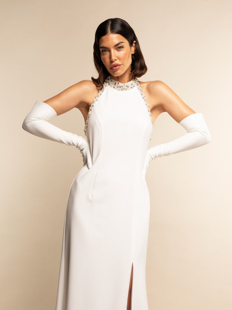 Angelina (blanc) - gants mariage / opéra en cuir 16 boutons doublés soie 