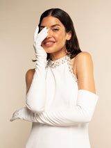 Angelina (blanc) - gants mariage / opéra en cuir 16 boutons doublés soie 