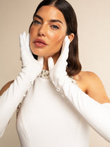 Angelina (blanc) - gants mariage / opéra en cuir 16 boutons doublés soie 