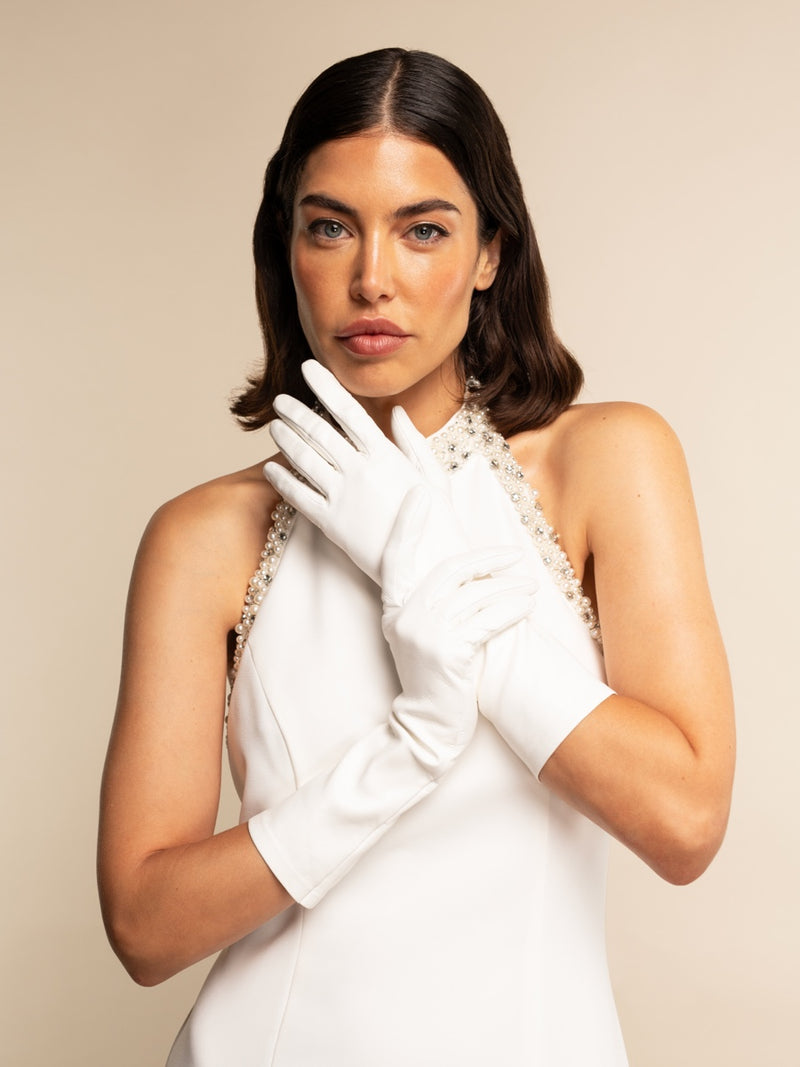 Angelina (blanc) - gants mariage / opéra en cuir 6 boutons doublés soie 