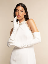 Angelina (blanc) - gants mariage / opéra en cuir 16 boutons doublés soie 