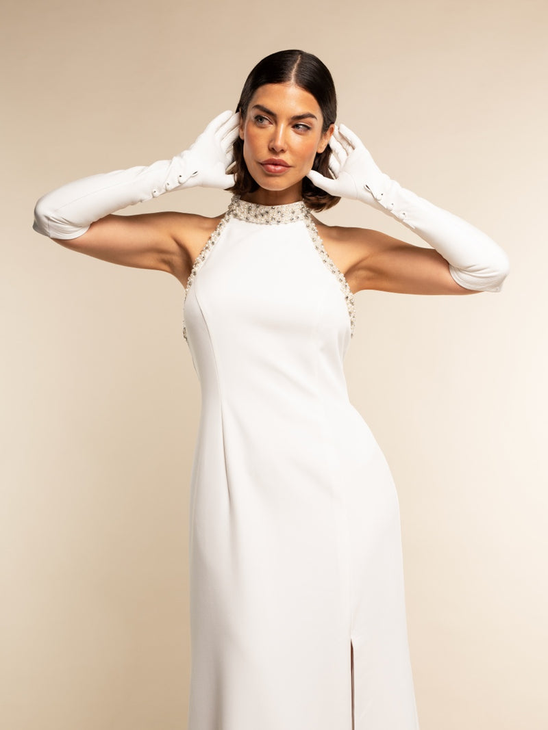Angelina (blanc) - gants mariage / opéra en cuir 12 boutons doublés soie 