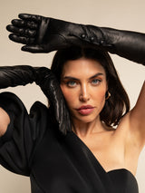 Elena (noir) - gants opéra en cuir 12 boutons doublés de soie