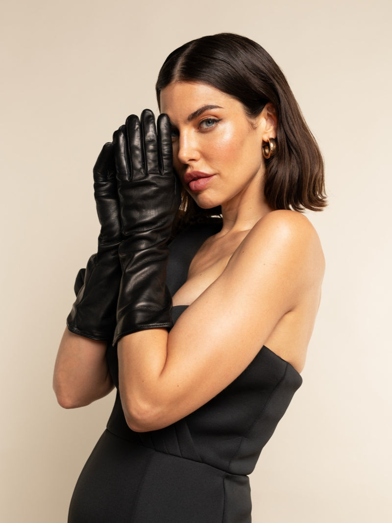 Elena (noir) - gants opéra en cuir 6 boutons doublés de soie