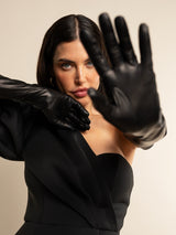 Elena (noir) - gants opéra en cuir 12 boutons doublés de soie