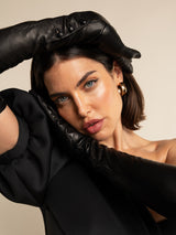 Elena (noir) - gants opéra en cuir 12 boutons doublés de soie