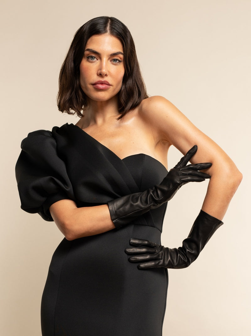 Elena (noir) - gants opéra en cuir 6 boutons doublés de soie