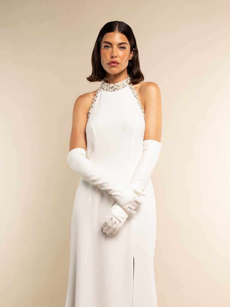 Gabriella (blanc) - Gants mariage / opéra en cuir 12 boutons non doublés