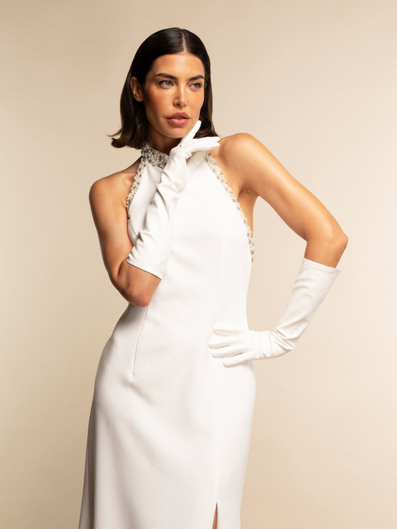 Gabriella (blanc) - Gants mariage / opéra en cuir 8 boutons non doublés 