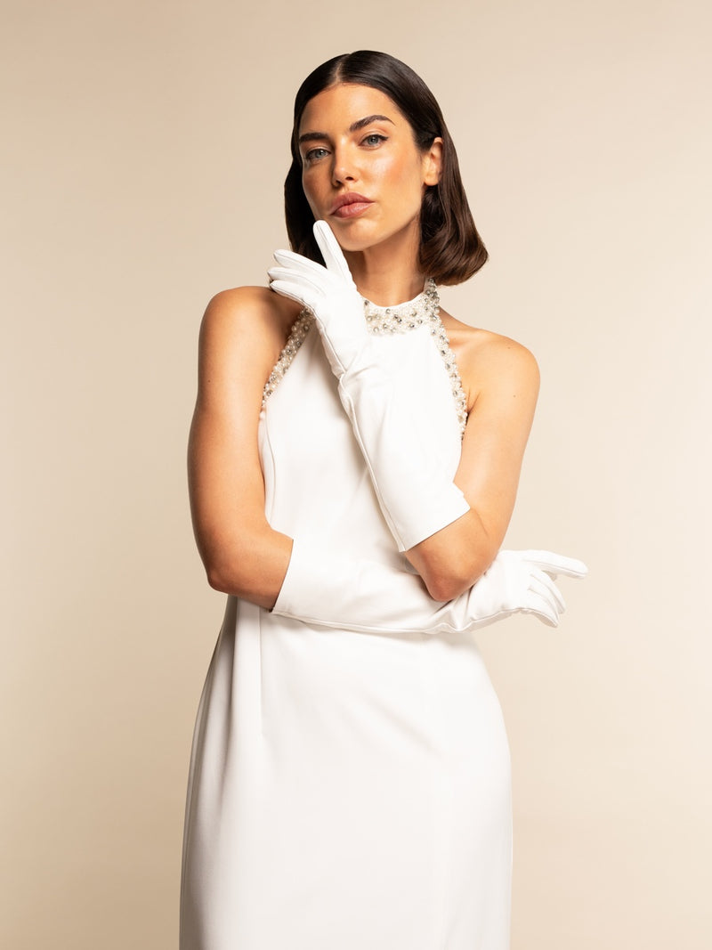 Gabriella (blanc) - Gants mariage / opéra en cuir 8 boutons non doublés 
