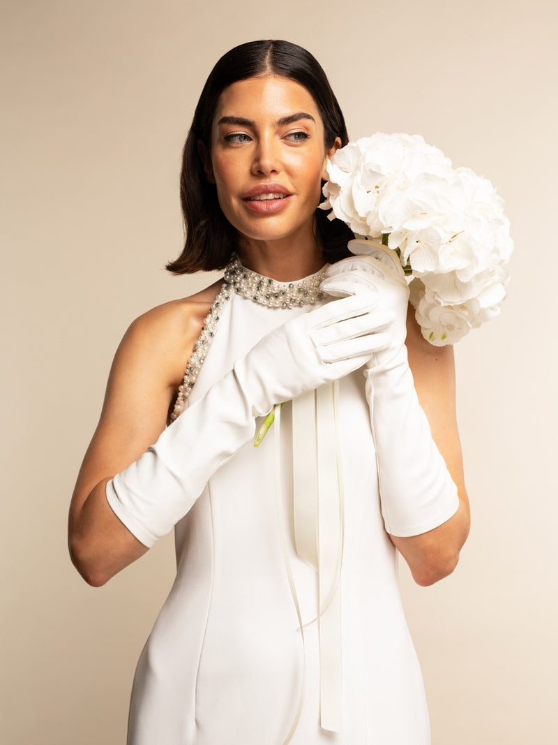 Gabriella (blanc) - Gants mariage / opéra en cuir 8 boutons non doublés 