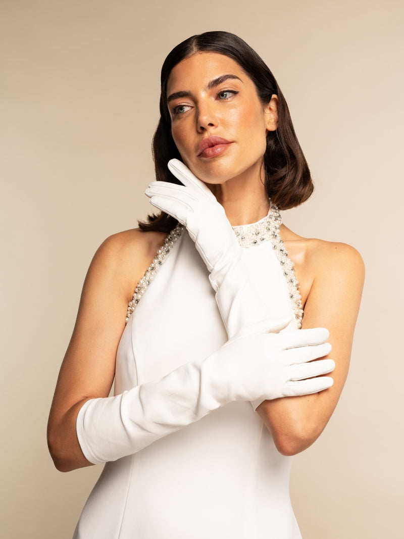 Gabriella (blanc) - Gants mariage / opéra en cuir 8 boutons non doublés 