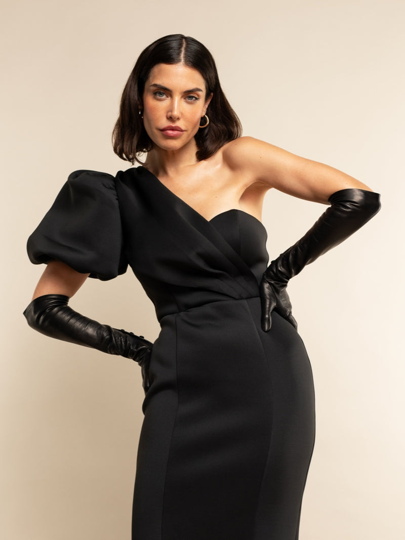 Lucia (noir) - Gants opéra en cuir 12 boutons non doublés