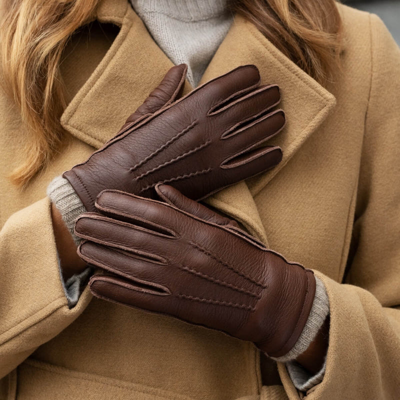 Vittoria (Marron) - Gants en cuir de cerf américain doublés de cachemire