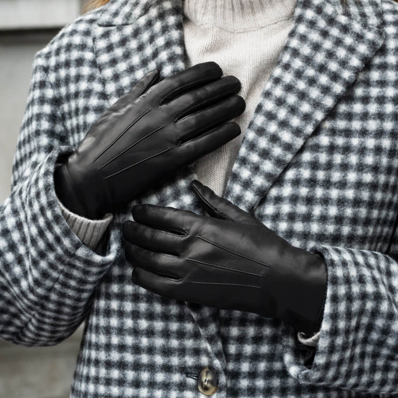 Francesca (Noir) - Gants en cuir d'agneau à doublure en fourrure blanche