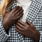 Francesca (Marron) - Gants en cuir d'agneau à doublure en fourrure blanche