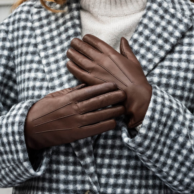 Francesca (Marron) - Gants en cuir d'agneau à doublure en fourrure blanche