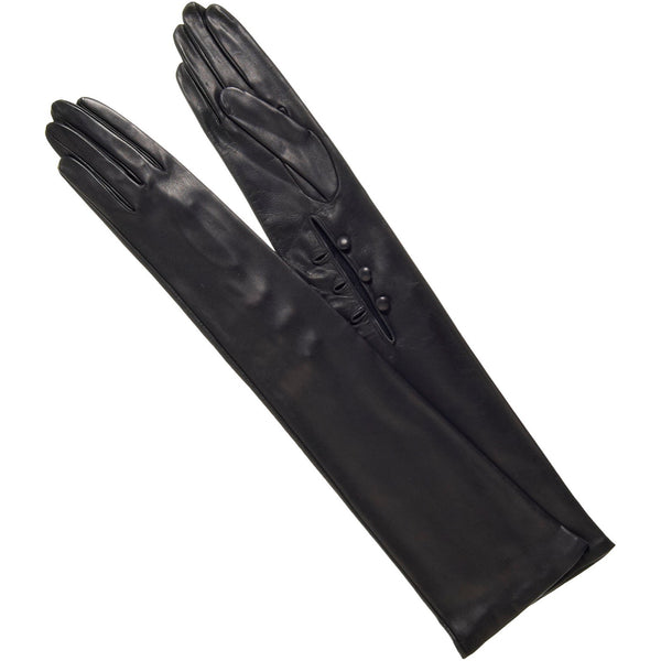 Elena (noir) - gants opéra en cuir 16 boutons doublés de soie