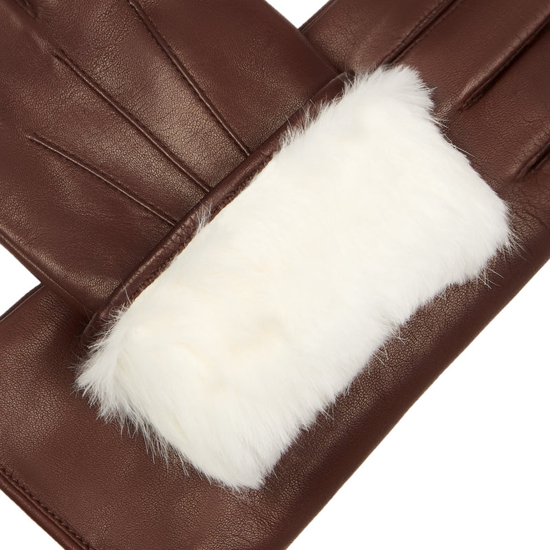 Francesca (Marron) - Gants en cuir d'agneau à doublure en fourrure blanche
