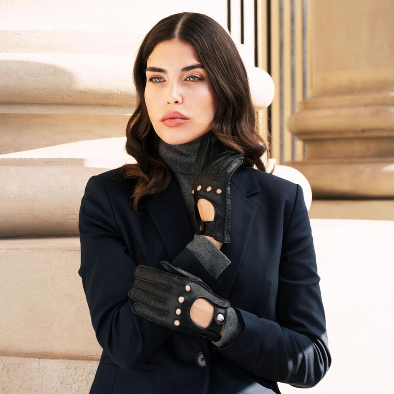 Gants de Conduite Femme Noir - Peau de daim - Fabriqué à la main