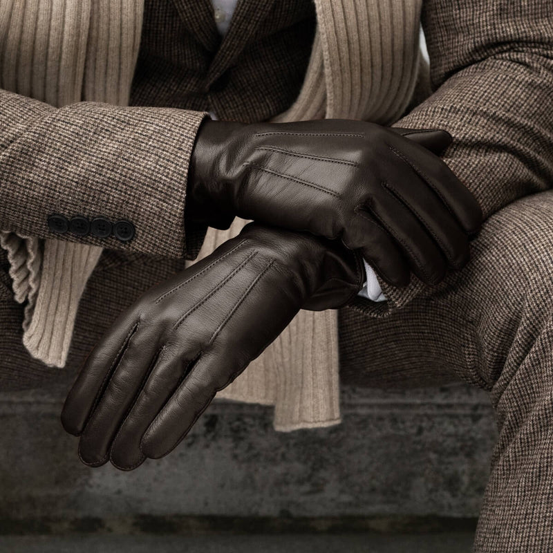 Giovanni (Marron) - Gants tactiles en cuir d'agneau à doublure en cachemire