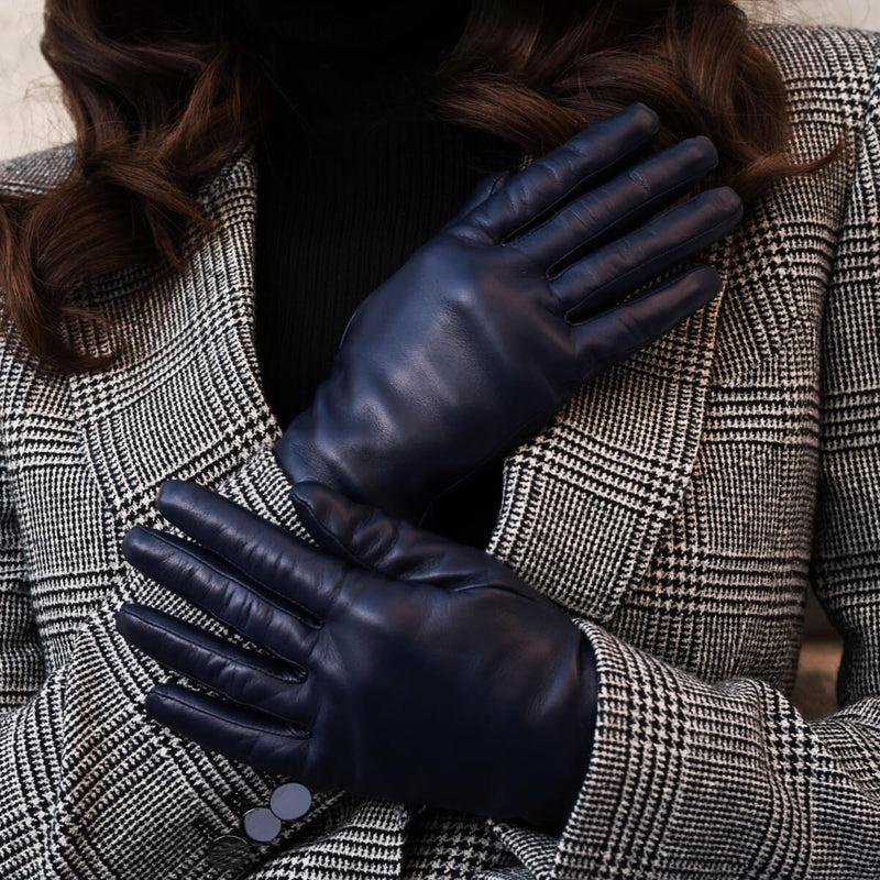 GANTS TACTILES CUIR PRESTIGE FEMME BLEU PEONI DOUBLURE SOIE GLOVE