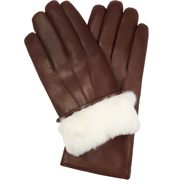 Marco (Marron) - Gants en agneau à doublure en fourrure blanche