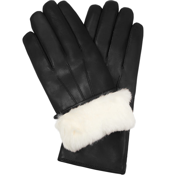 Marco (Noir) - Gants en cuir d'agneau à doublure en fourrure blanche